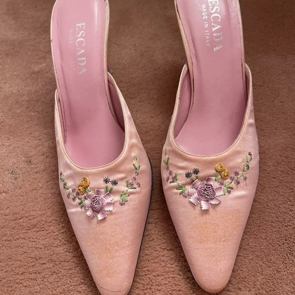 Escada Shoes - Escada Authentic Pink Silk Kitten Heel Mules Size 7.5B